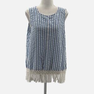 Roller Rabbit Tianna Cotton Sleeveless Seersucker Fringed Top in Blue - Medium
